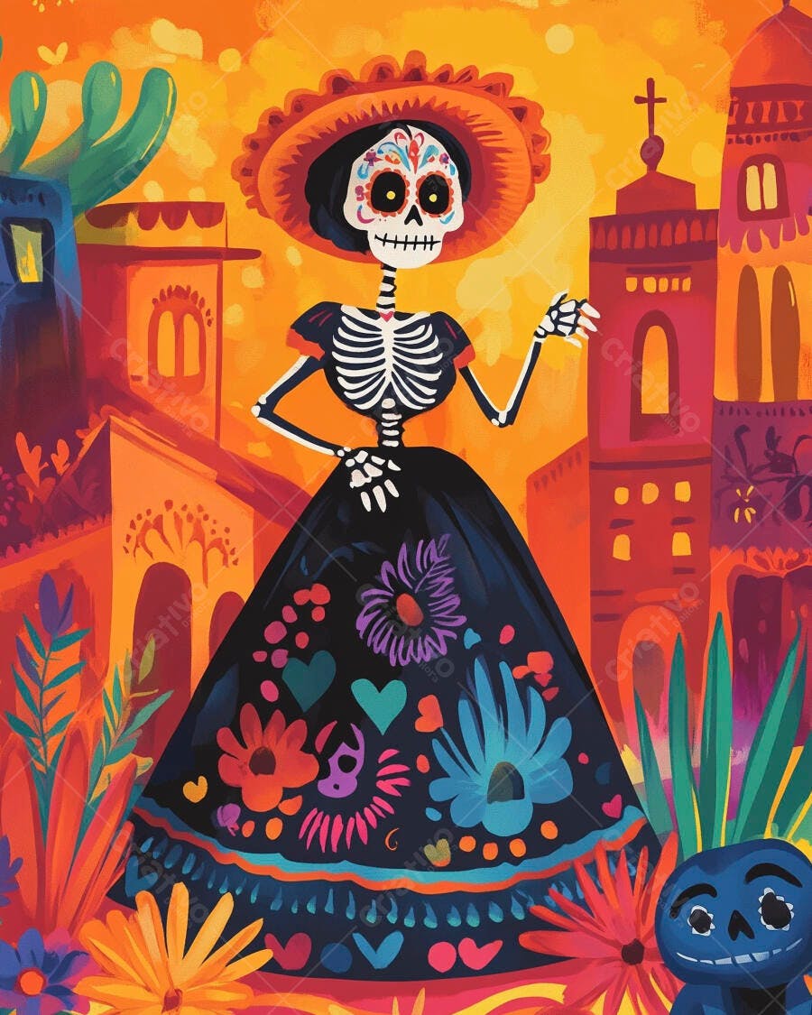 Calavera Catrina colorida com vestido floral em celebração mexicana vibrante