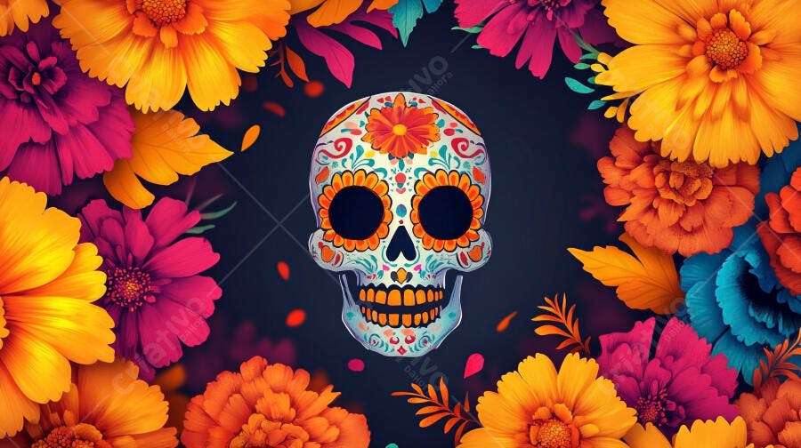 Calavera de açúcar colorida cercada por flores vibrantes Dia de los Muertos