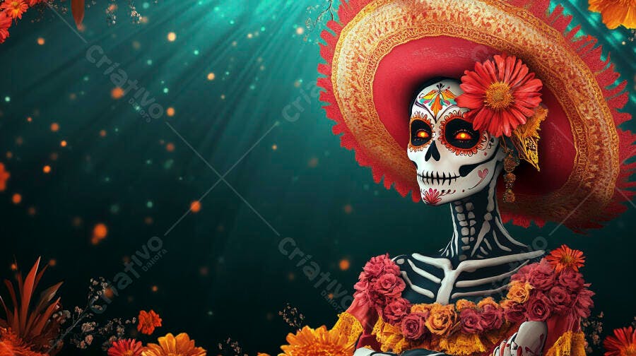 Mulher Catrina esqueleto com sombrero florido e olhos brilhantes Dia dos Mortos