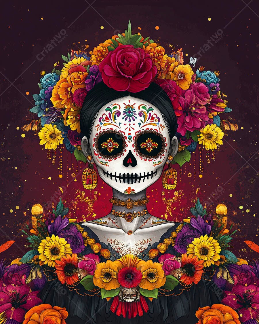 Calavera mexicana florida com maquiagem vibrante e flores Dia de Muertos celebração