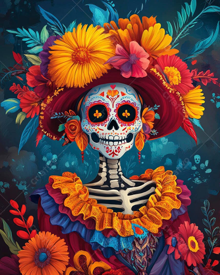 Calavera Catrina com chapéu de flores coloridas para Dia dos Mortos