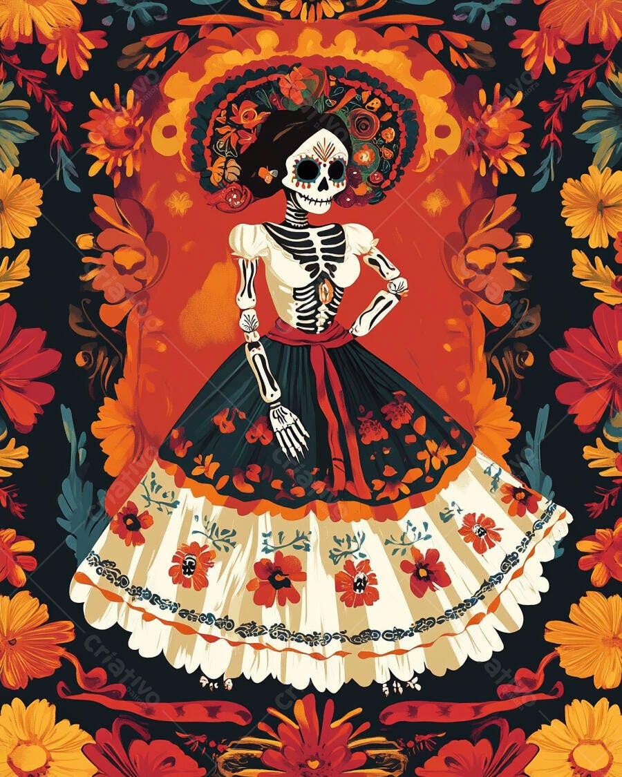 Calavera Catrina mexicana vibrante com vestido floral colorido