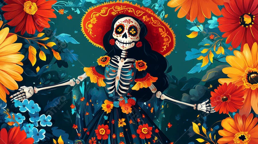 Catrina esqueleto mulher colorida em festa do Dia dos Mortos ilustração