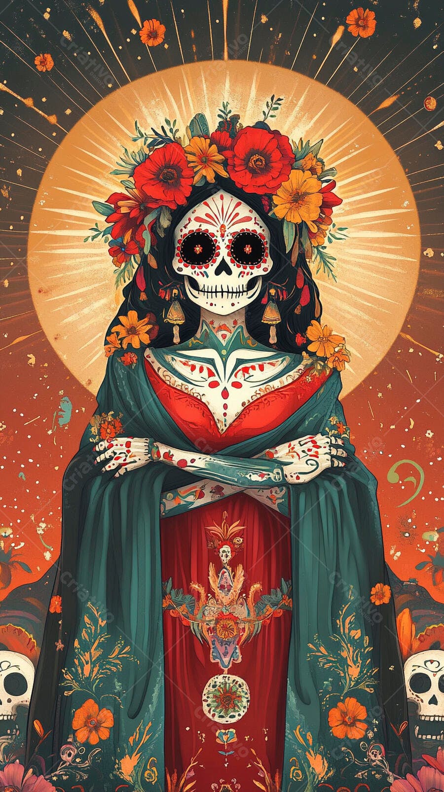 Catrina colorida com coroa de flores mexicanas para o Dia dos Mortos