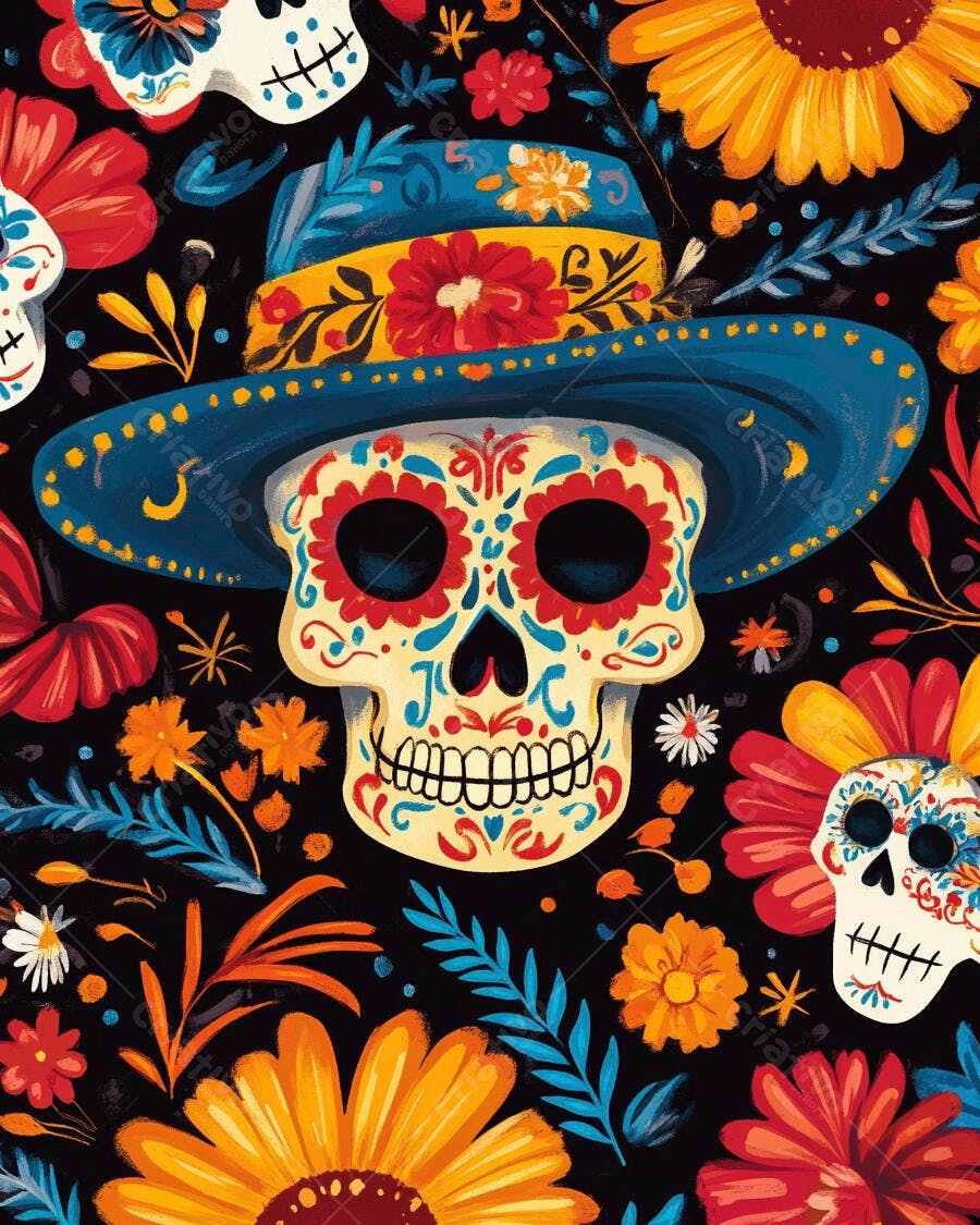 Caveira mexicana colorida com sombrero e flores arte folclórica Dia dos Mortos