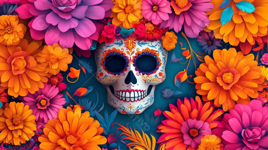 Calavera de açúcar colorida rodeada por flores vibrantes Dia dos Mortos