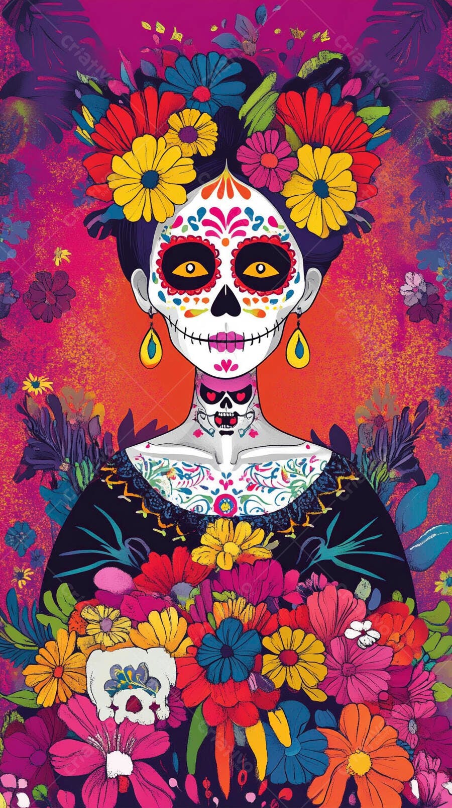 Calavera Catrina com maquiagem floral e vestido vibrante celebra Dia de Muertos