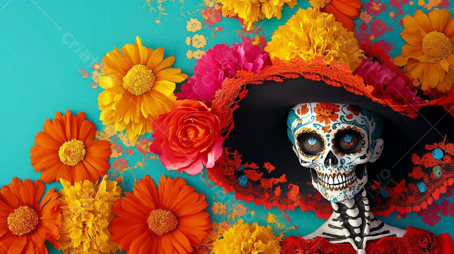 Calavera Catrina festiva com chapéu e flores coloridas do Dia dos Mortos