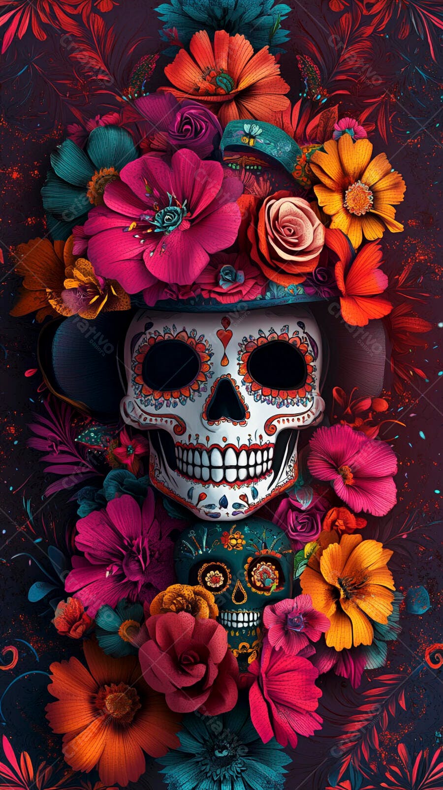 Caveira mexicana colorida com flores vibrantes para o Dia de los Muertos