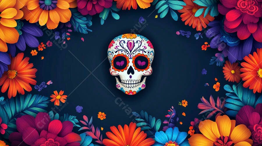 Calavera mexicana colorida com flores vibrantes e folhas escuras Dia de los Muertos