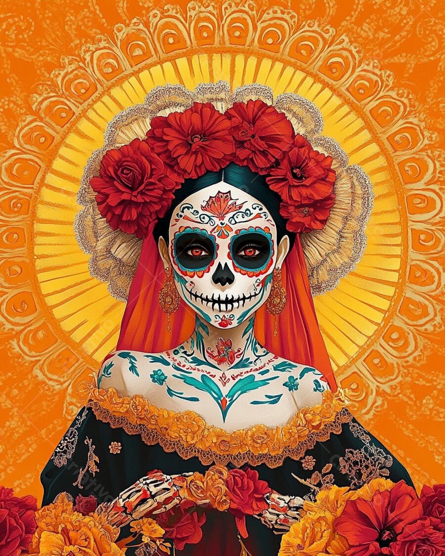 Mulher Catrina com coroa de flores vermelhas para o Dia de los Muertos