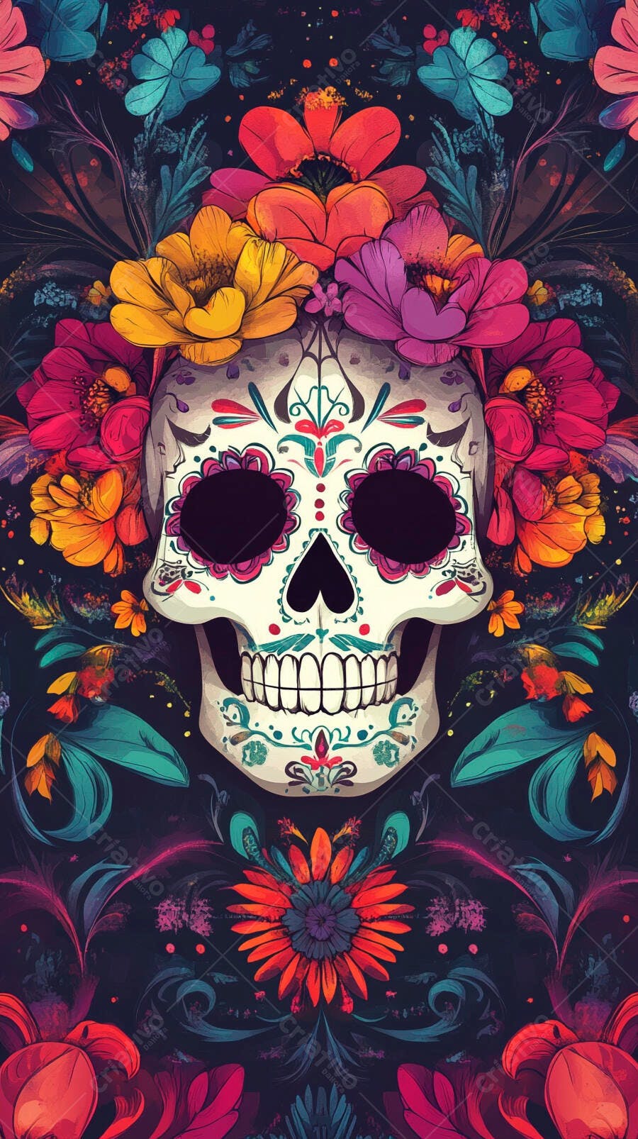 Calavera mexicana vibrante com flores coloridas Dia dos Mortos