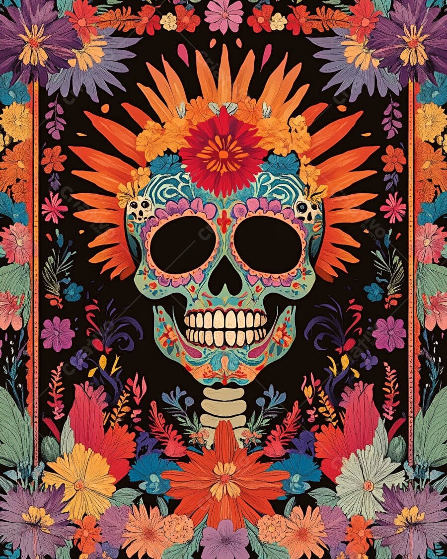Calavera mexicana colorida com flores vibrantes para o Dia de los Muertos