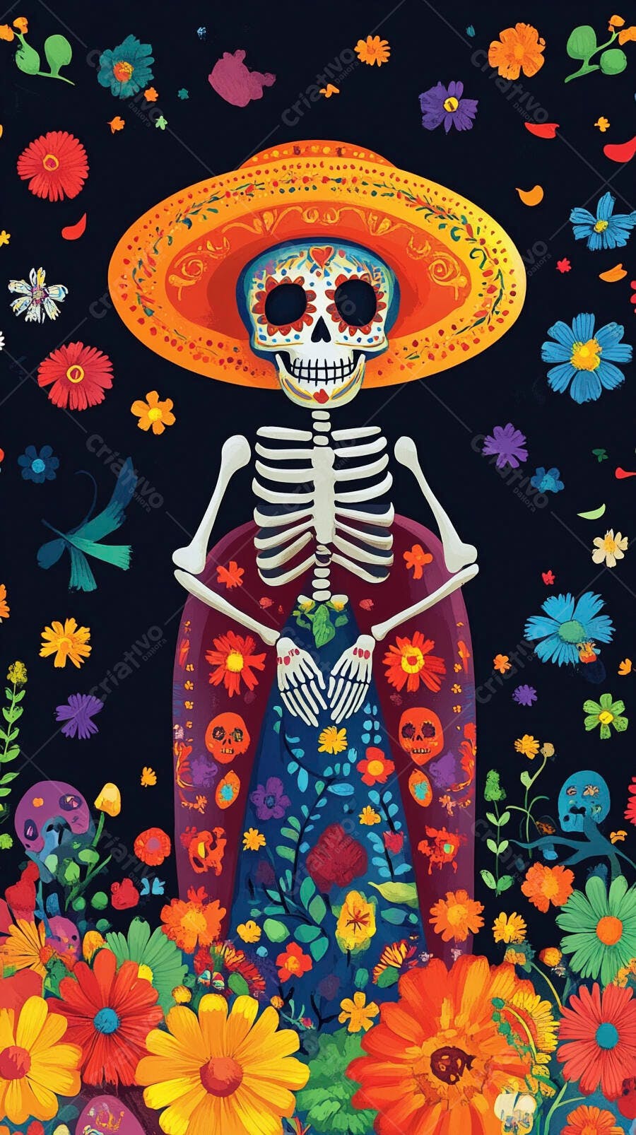 Esqueleto Catrina com sombrero laranja e flores coloridas Dia dos Mortos
