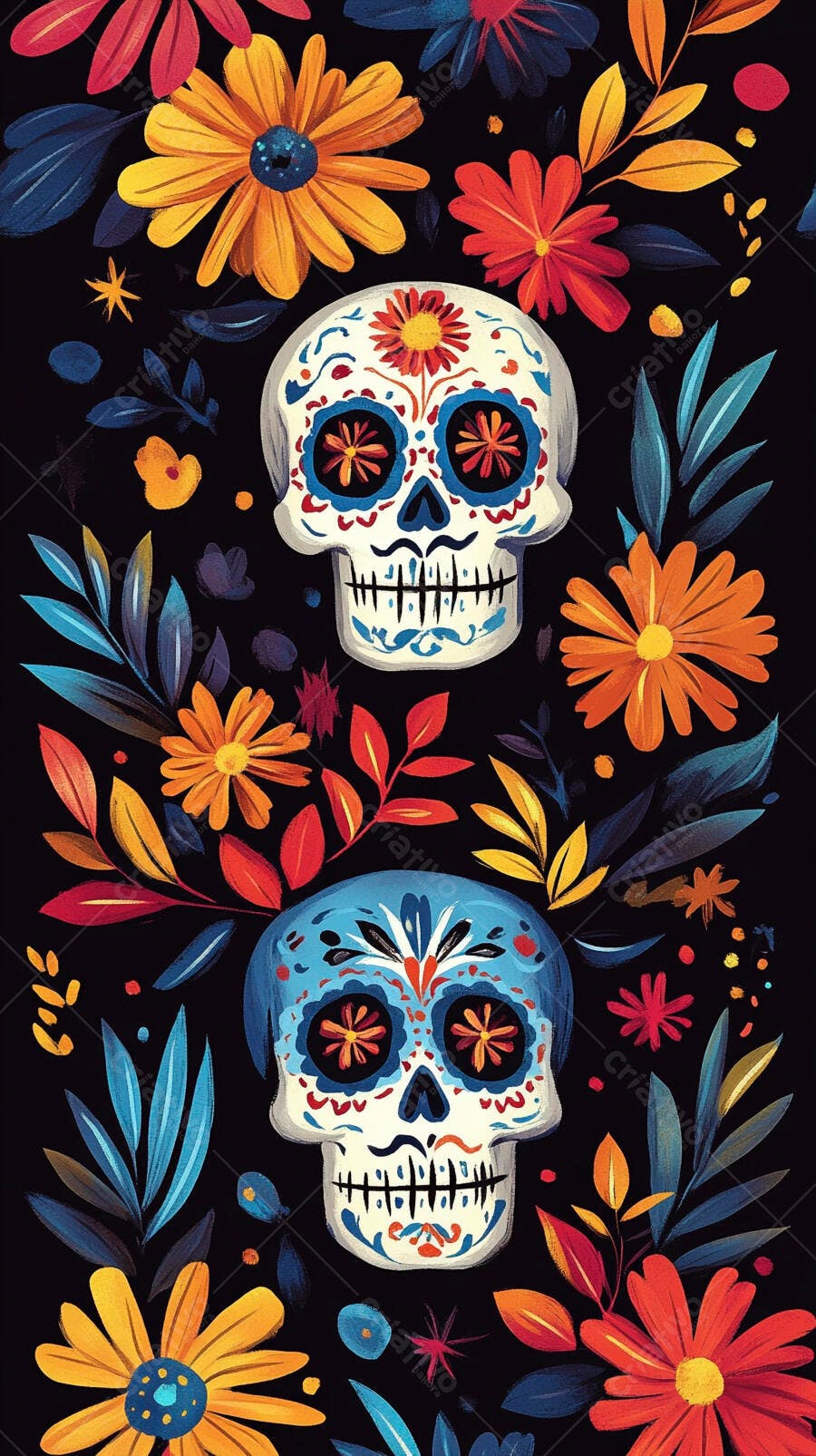 Calaveras mexicanas vibrantes com flores coloridas Dia de Muertos