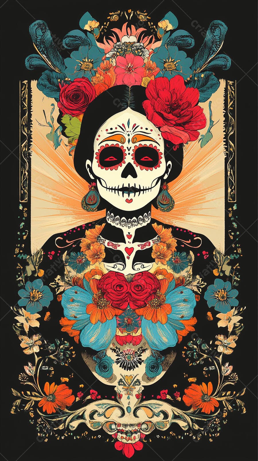 Mulher Catrina de açúcar com flores coloridas para Dia dos Mortos