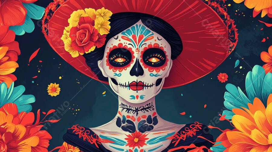Catrina com chapéu vermelho e flores coloridas Dia dos Mortos