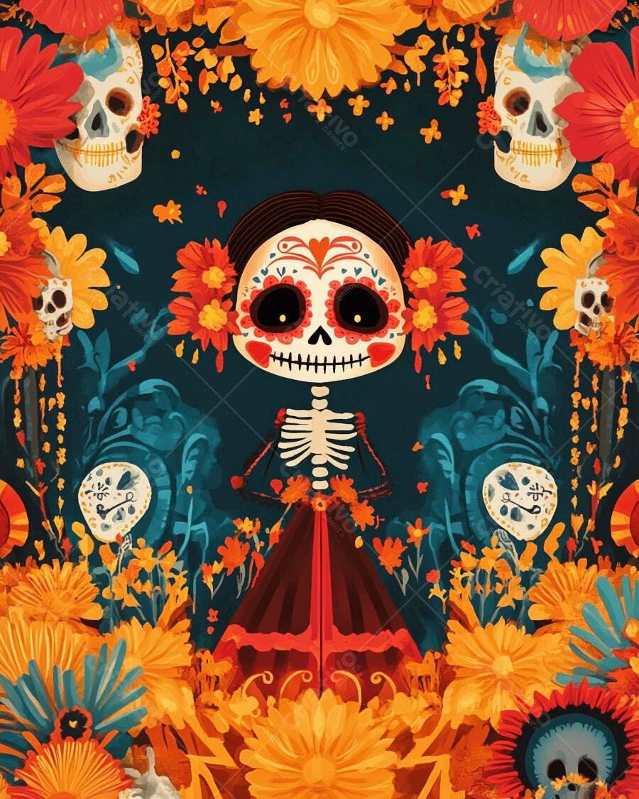 Calavera Catrina mulher com flores de cempasúchil para o Dia dos Mortos