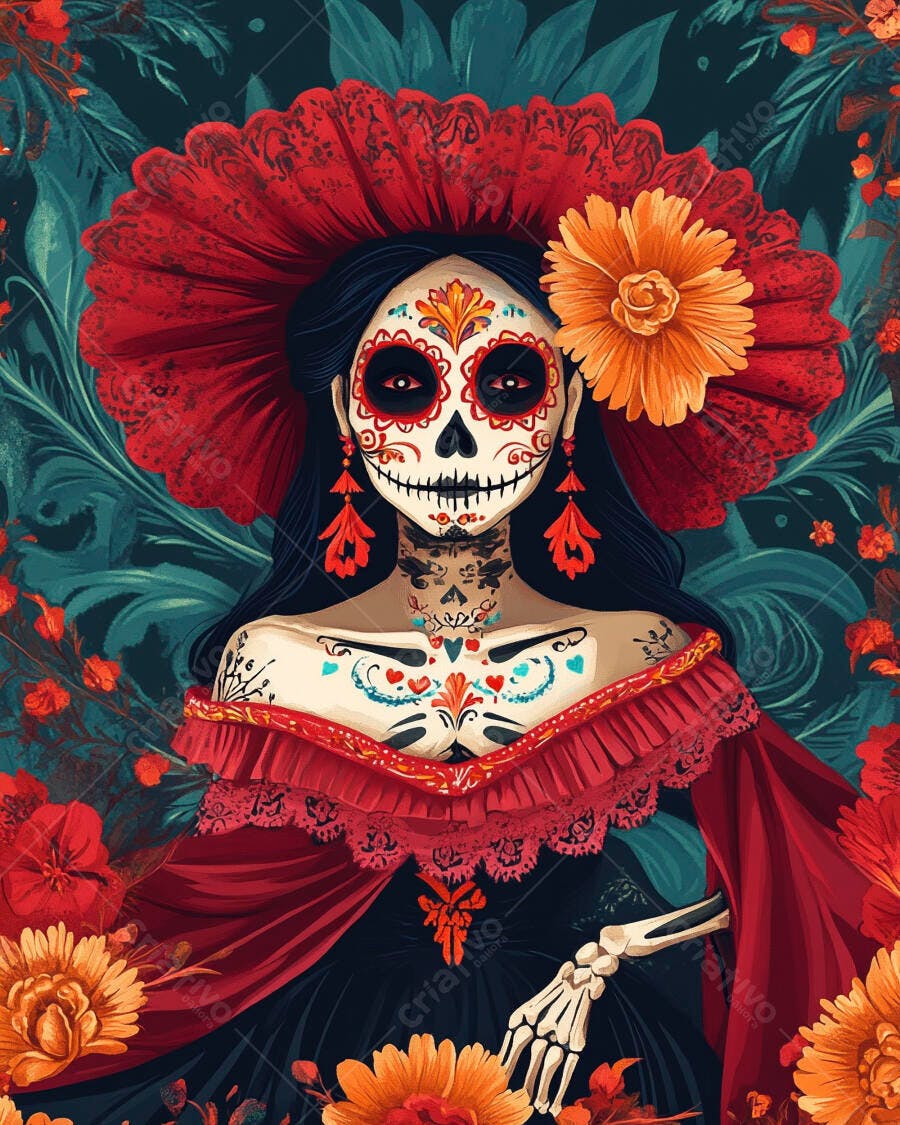 Mulher Catrina maquiagem esqueleto Dia de los Muertos vestido vermelho e flores vibrantes