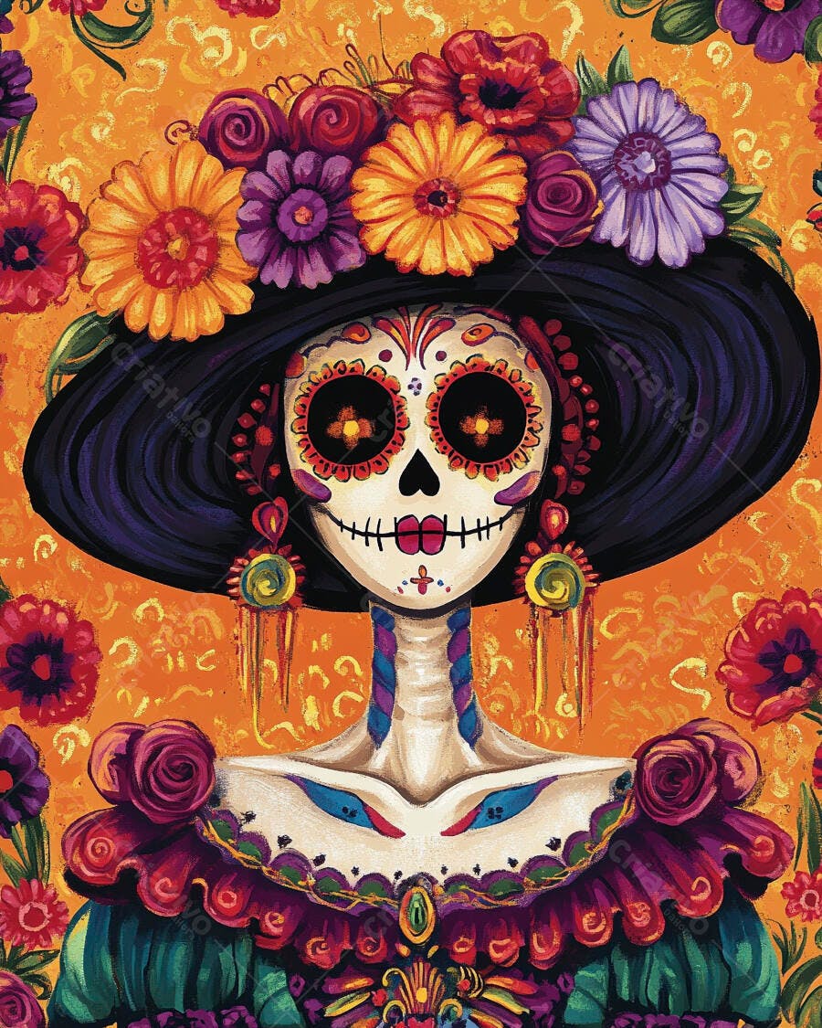 Catrina mulher caveira com chapéu de flores vibrantes celebra Dia dos Mortos