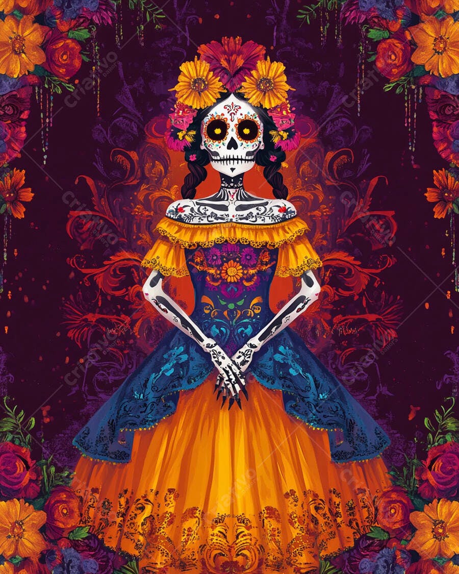 Calavera Catrina ilustração com vestido azul e laranja flores coloridas Dia de los Muertos