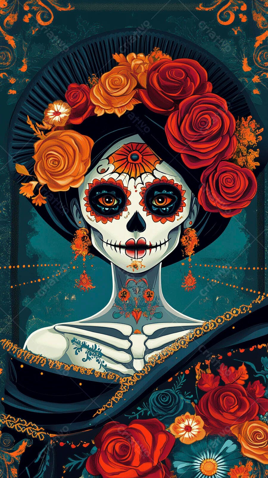 Mulher calavera mexicana com flores vermelhas e alaranjadas na cabeça