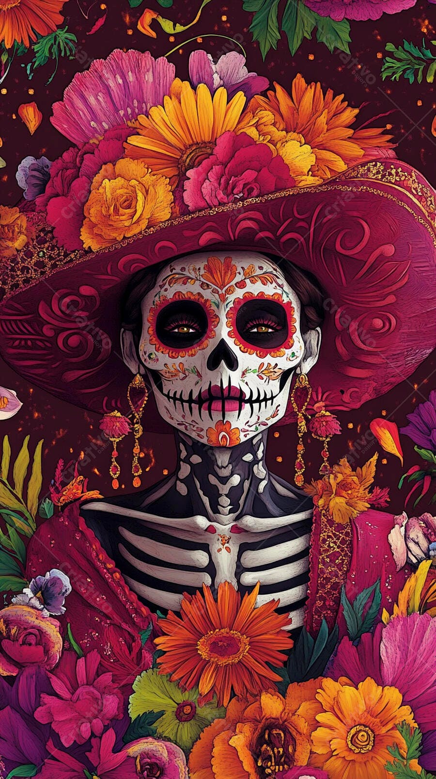 Catrina maquiagem caveira chapéu flores vibrantes estilo festa Dia de los Muertos