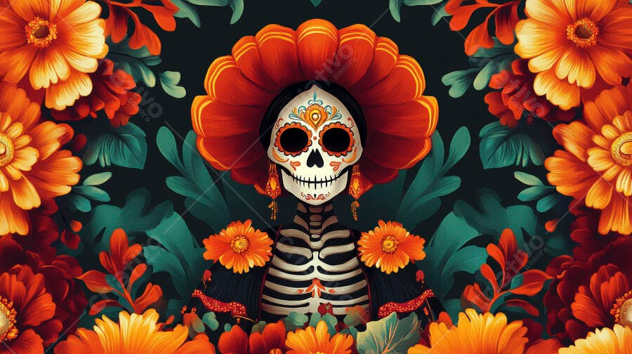 Calavera Catrina com flores laranja e verde escuras Dia de los Muertos