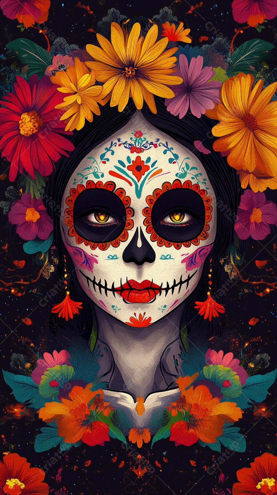 Mulher Calavera maquiagem colorida flores Dia dos Mortos celebração mexicana