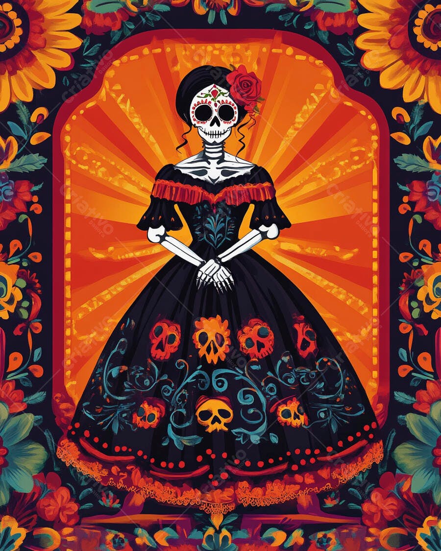Calavera Catrina ilustrada com vestido floral em fundo laranja vibrante Dia dos Mortos
