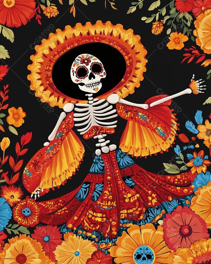 Catrina esqueleto dançando com chapéu e flores coloridas Dia dos Mortos