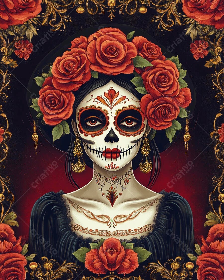 Mulher Calavera com maquiagem caveira mexicana rosas vermelhas e vestido preto