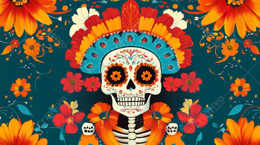 Calavera de açúcar festiva com cocar e flores coloridas do Dia de Muertos