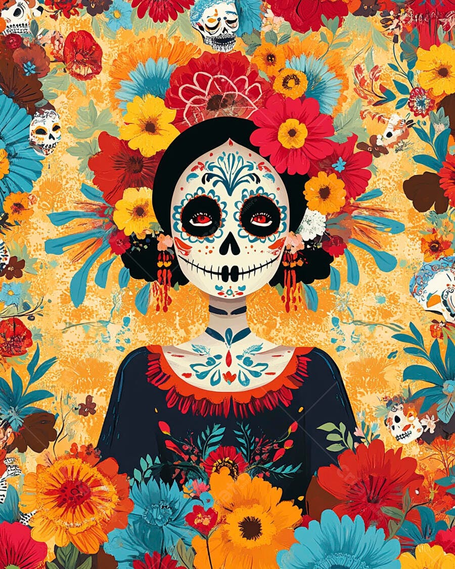 Calavera Catrina com flores vibrantes e folhagem Dia de los Muertos