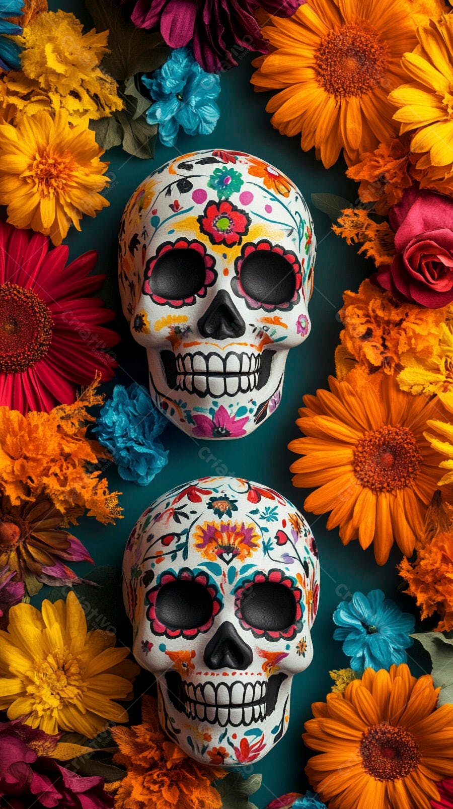 Caveiras de açúcar coloridas com flores vibrantes para Dia de los Muertos festivo
