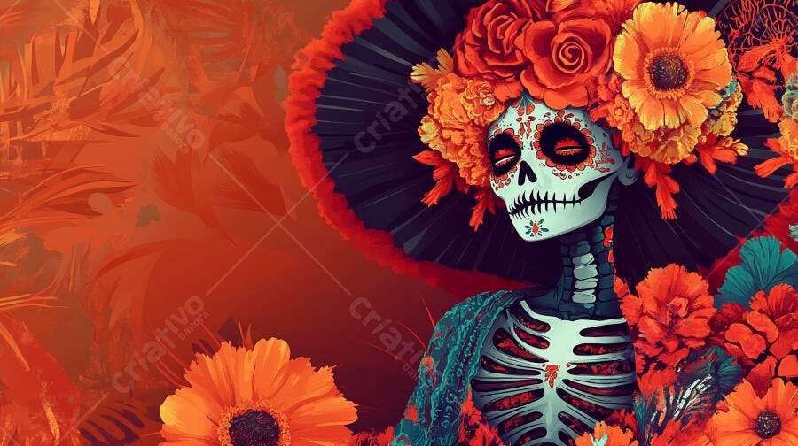 Calavera Catrina com chapéu grande e flores vibrantes celebra Dia dos Mortos