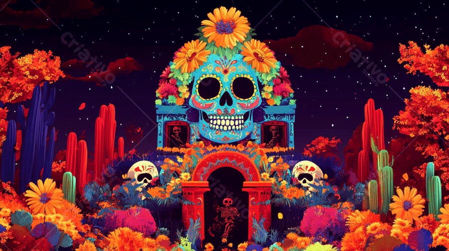 Caveira mexicana decorada com flores em celebração Dia de Muertos colorida