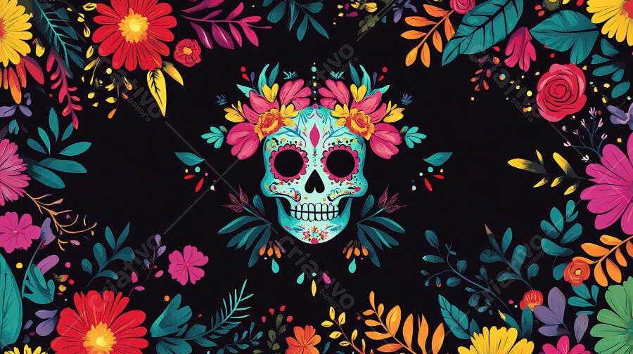 Calavera mexicana colorida com flores vibrantes fundo preto Dia dos Mortos