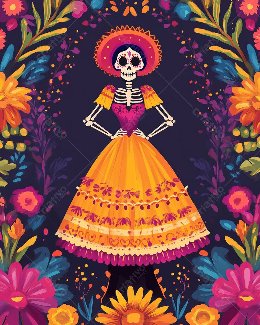Catrina colorida em vestido festivo com flores vibrantes Dia de los Muertos
