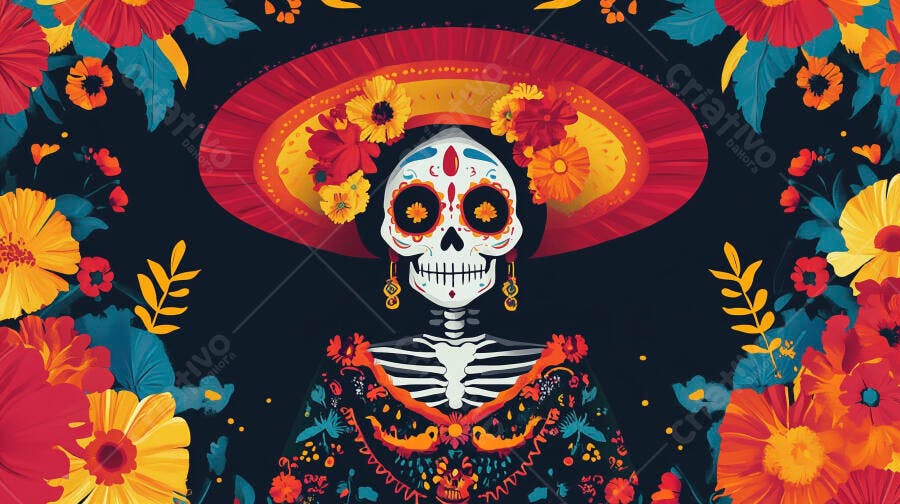 Caveira mexicana Catrina com chapéu e vestido floridos Dia dos Mortos cores vibrantes