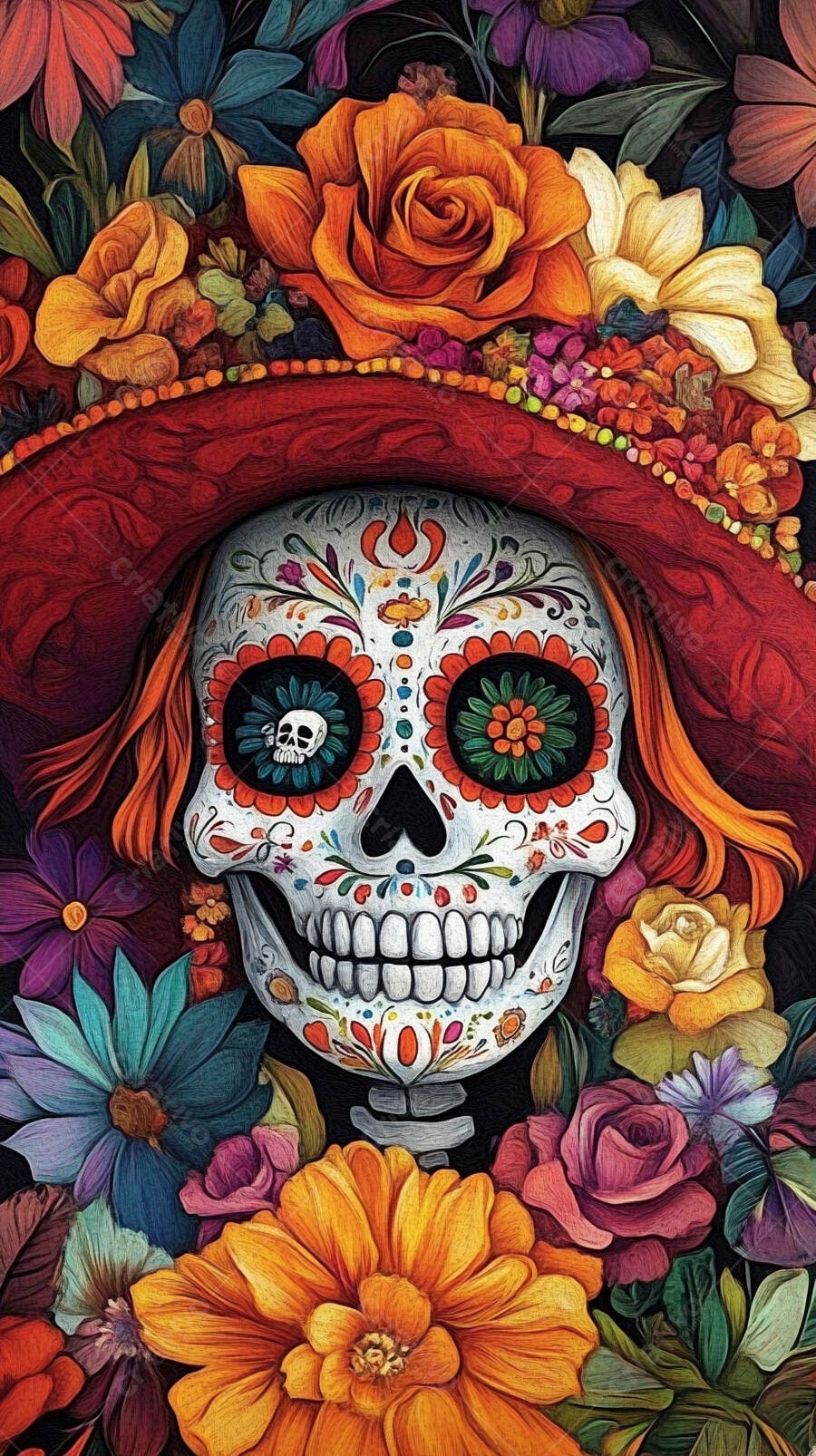 Calavera Catrina vibrante com chapéu e flores coloridas Dia dos Mortos