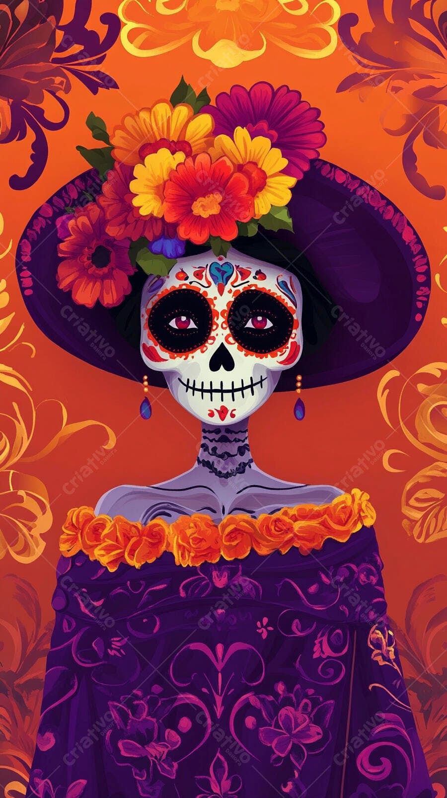 Catrina esqueleto com chapéu e flores vibrantes Dia de Muertos