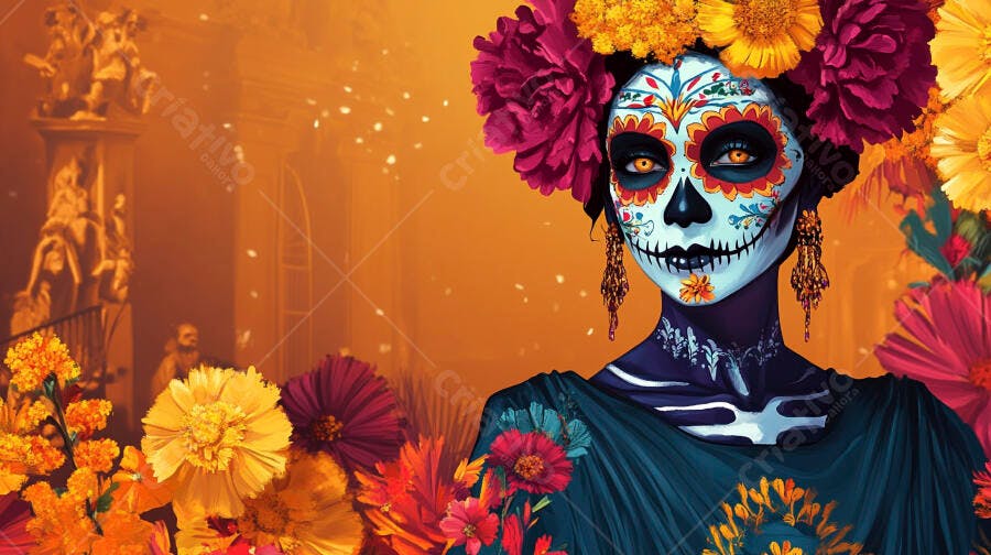 Mulher Catrina maquiagem caveira flores cempasúchil Dia de Muertos