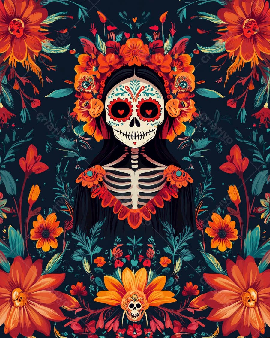Calavera Catrina colorida com flores vibrantes e fundo floral escuro