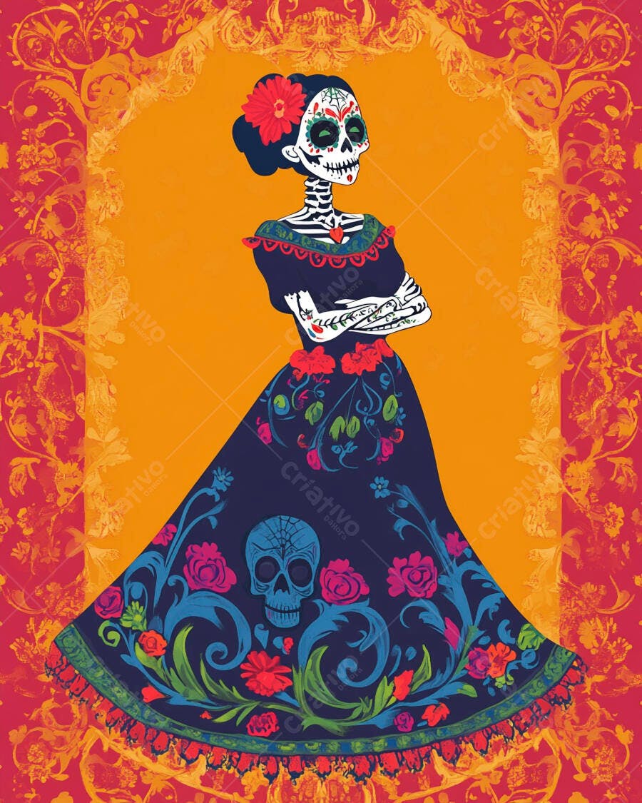 Calavera Catrina elegante com vestido floral no Dia dos Mortos