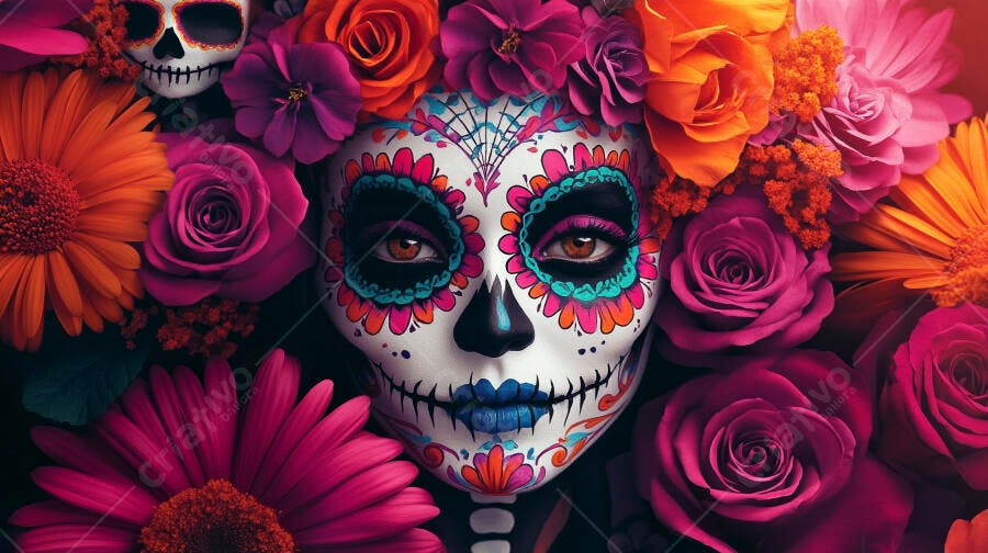 Rosto Calavera Catrina com olhos humanos e flores vibrantes rosa e laranja