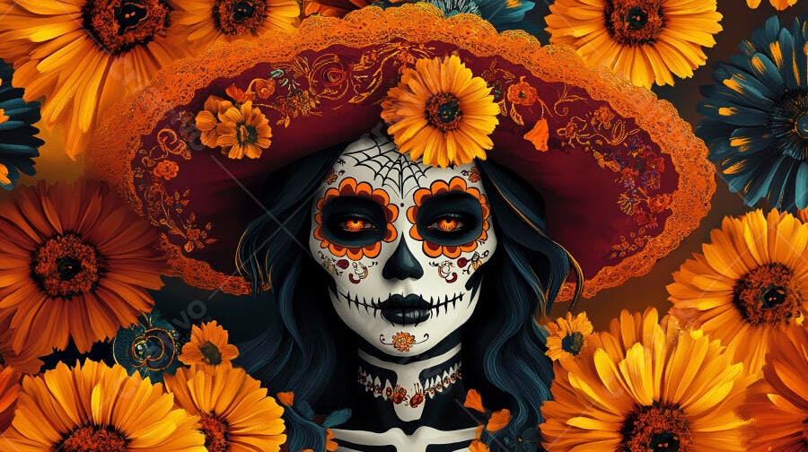 Calavera Catrina mulher mexicana com maquiagem de caveira e chapéu florido Dia dos Mortos