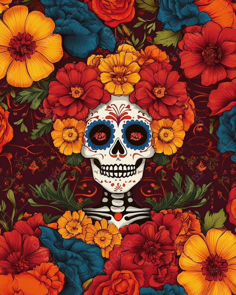Caveira mexicana colorida com flores para Dia de los Muertos arte digital
