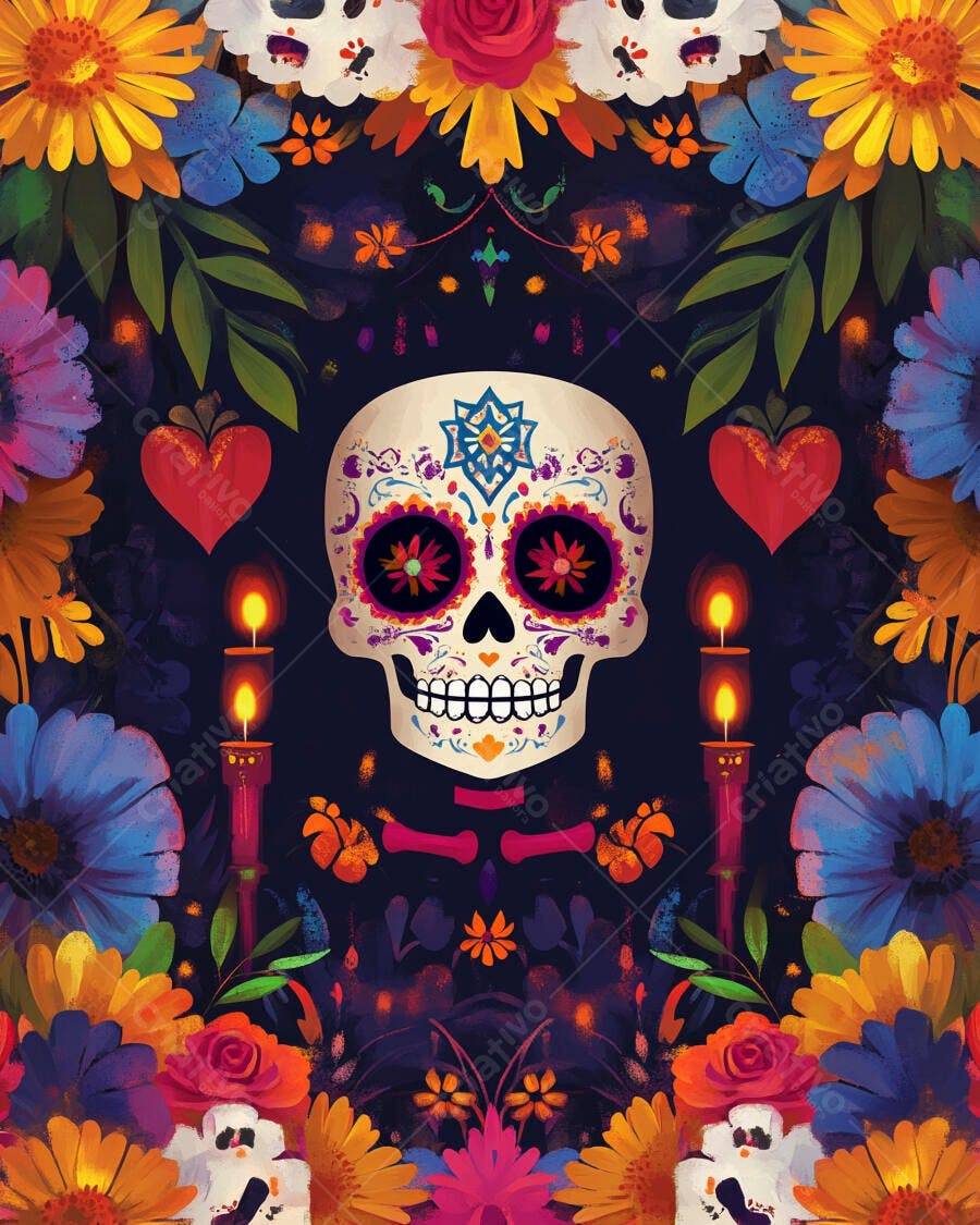 Calavera mexicana colorida Dia dos Mortos com flores e velas