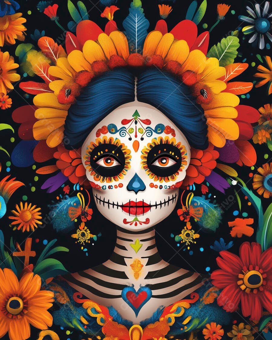 Calavera Catrina colorida com flores vibrantes para o Dia de Muertos arte mexicana